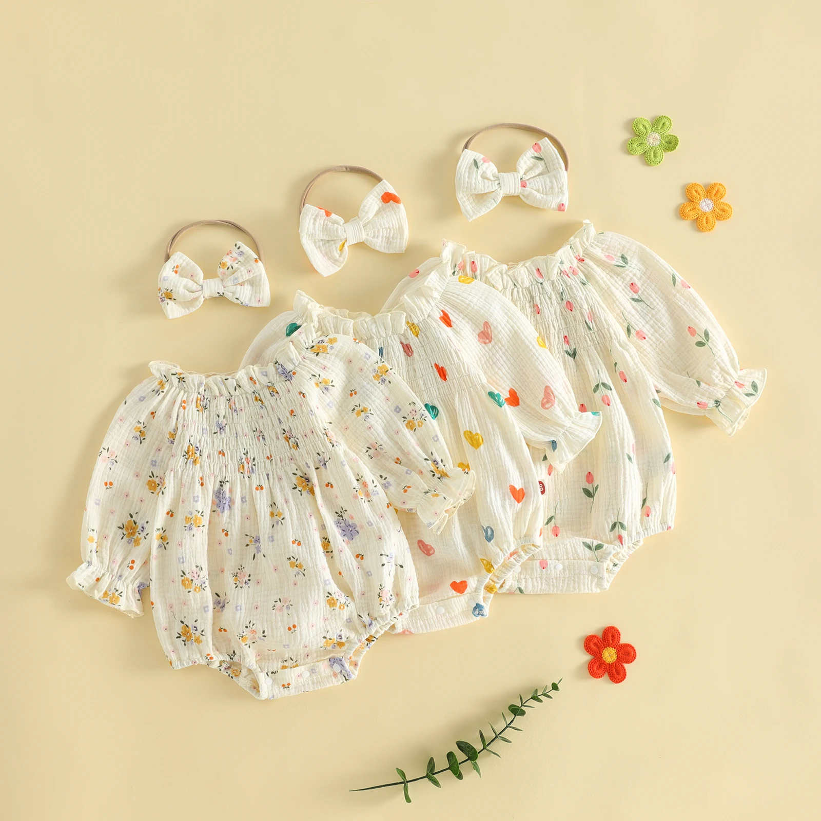 Baby Girl Tulip Print Romper Long Sleeve Smocked Bust Bodysuit Headband Baby Grils Spring Fall Clothes