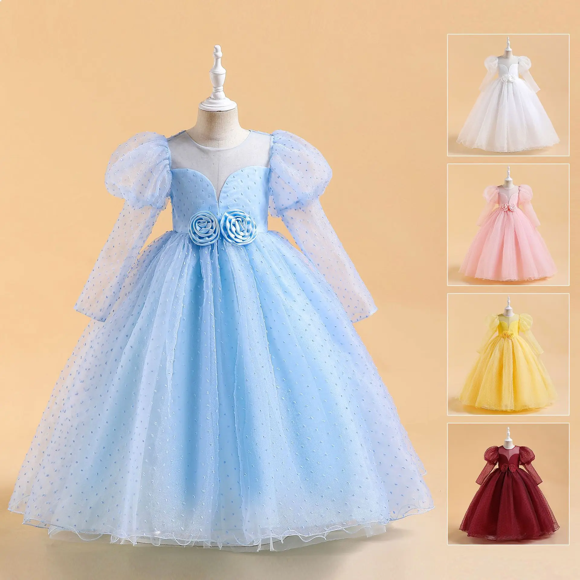 

Girls Party Dresses Flower Puff Sleeves Long Sleeves Children's Dress Luxury Parties Polka Dots Wedding Dress Kids Girls Clothes