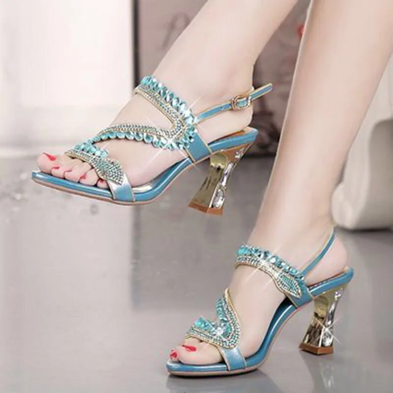 Summer New Lacquer Leather Crystal Square Heel Sandals Banquet Dress Large Size Small Size High Heels Diamond Women's Shoes