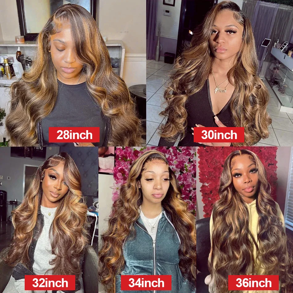 427 Highlight Ombre 13x6 HD Transparent Lace Frontal Wigs Body Wave Human Hair Wig 13x4 Lace Front Wig 30 32Inch Brazilian Brown