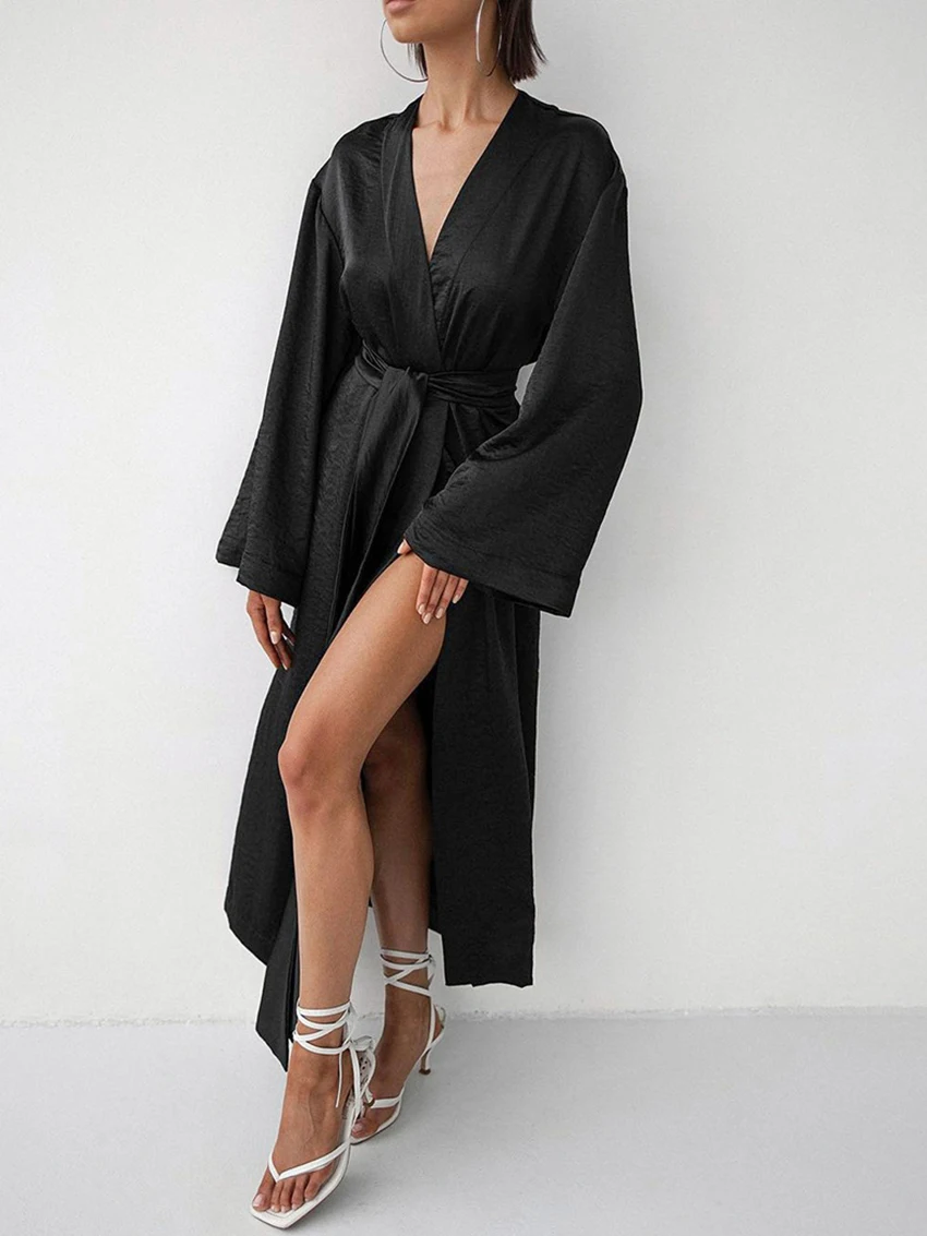 Marthaqiqi Fashion Female Robe Sexy V-Neck Sleepwear Long Sleeve Nightwear Lace Up Nightgowns Mid-Calf Dress 2023 New Pajamas