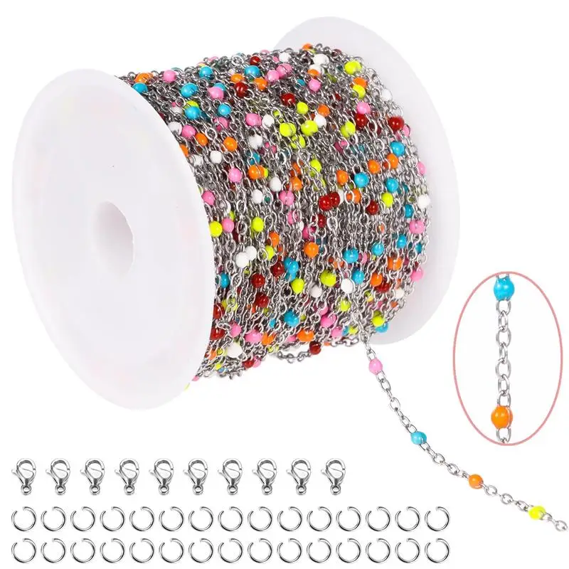 

33ft Silver Jewelry Making Chains Colorful Beaded 10 Lobster Clasps 30 Jump Rings Beaded Necklace Chain Links For DIY Crafts