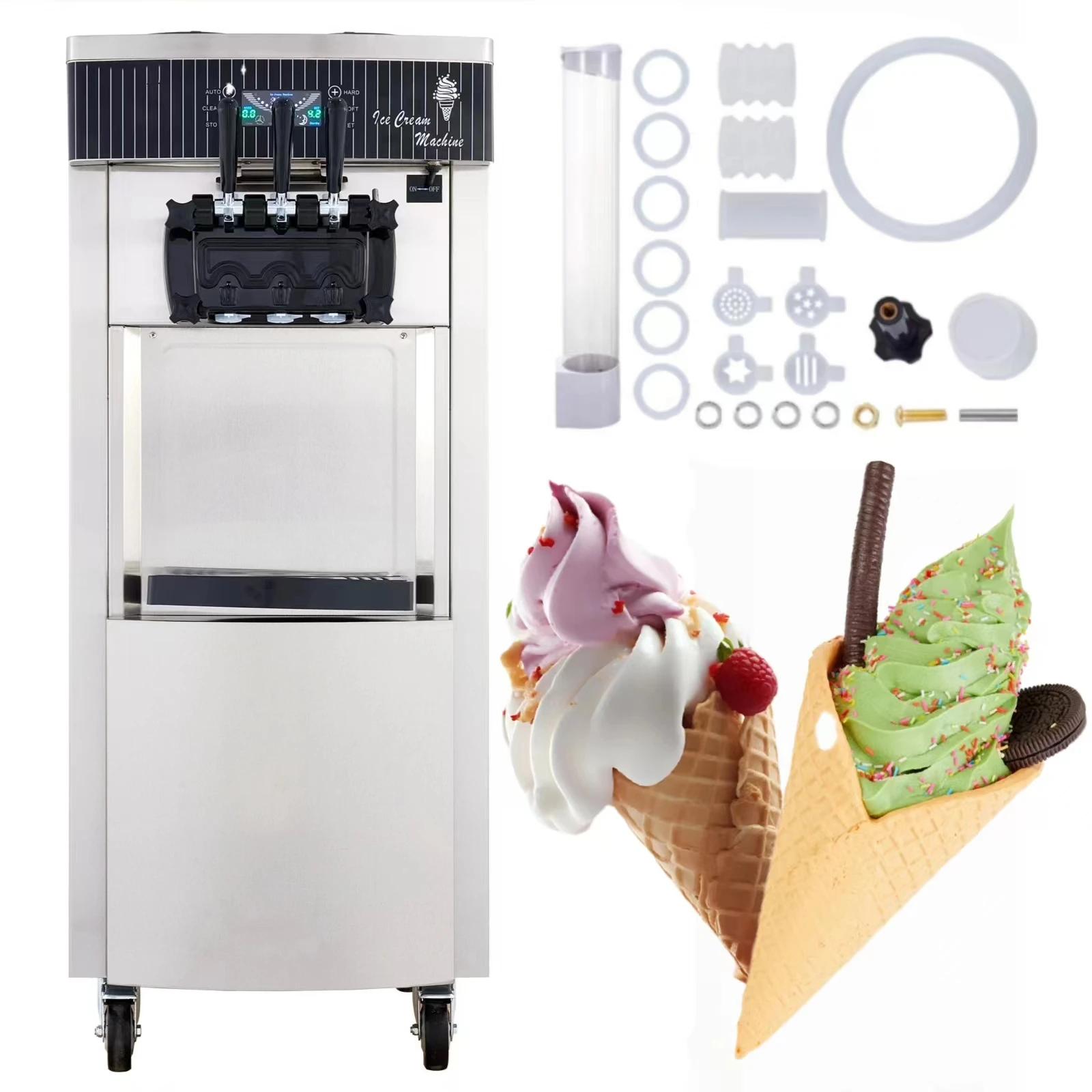 

Commercial 2+1 Flavors Ice Cream Maker 2200W Soft Serve Ice Cream Machine Standing Model with LED Display Auto Clean