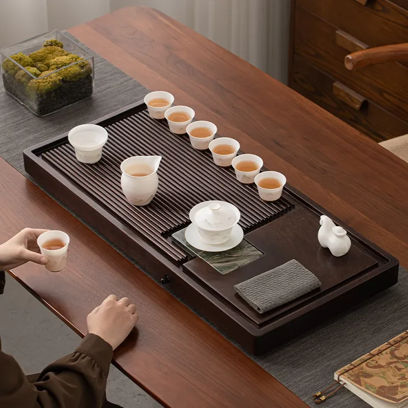 Premium Solid Ebony Wood Tea Tray Large Natural Grain Household Kung Fu Tea Set Base Chinese Style Log Serving Platter for
