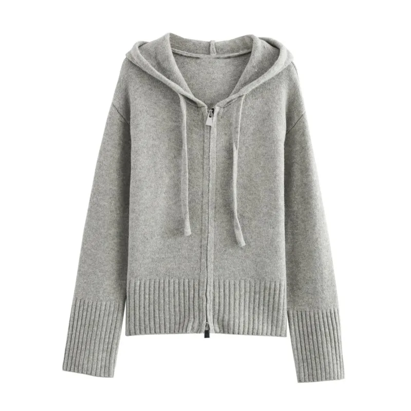 TRAF Hooded Cardigan Women Autumn Knit Zipper Rib Hem Long Sleeve Lace Up Cardigan Casual Sweaters Female Cardigan