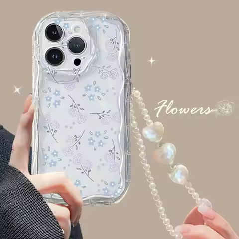 3D Flower Pearl Chain Wavy Phone Case For Samsung Galaxy S25 S24 Ultra A55 5G A15 A54 A16 A35 A14 S22 S21 Plus S20 S23 FE Cover