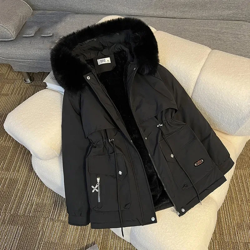 2024 Women Big Fur collar Loose Parka Jacket Lady Medium Long Styles Down Cotton Outwear Winter Female Hooded Cotton Padded Coat