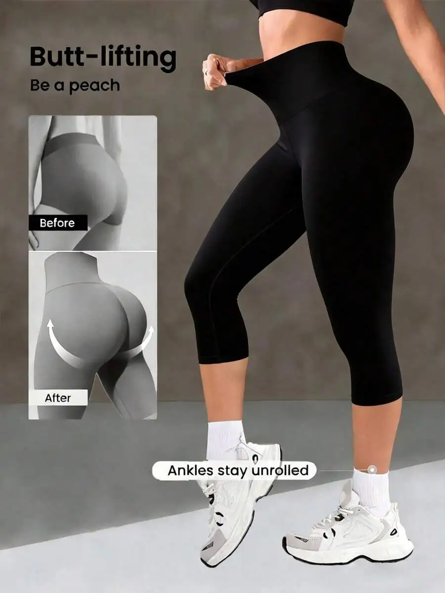 Damen 7/8-Länge Kompressions-Capri-Leggings mit hoher Taille, Bauchkontrolle und Hüftlifting-Design für Yoga, Fitness, Laufen und Radfahren – Detail 6
