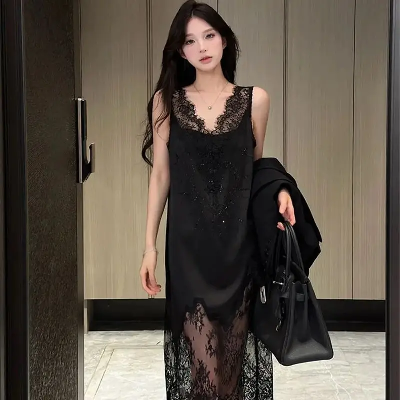 V-ausschnitt Ärmellose Satin Midi Vestido 972P Sexy Spitze Patchwork Frauen Kleid Luxus Perlen Promi Party Kleider Schwarz Elegant