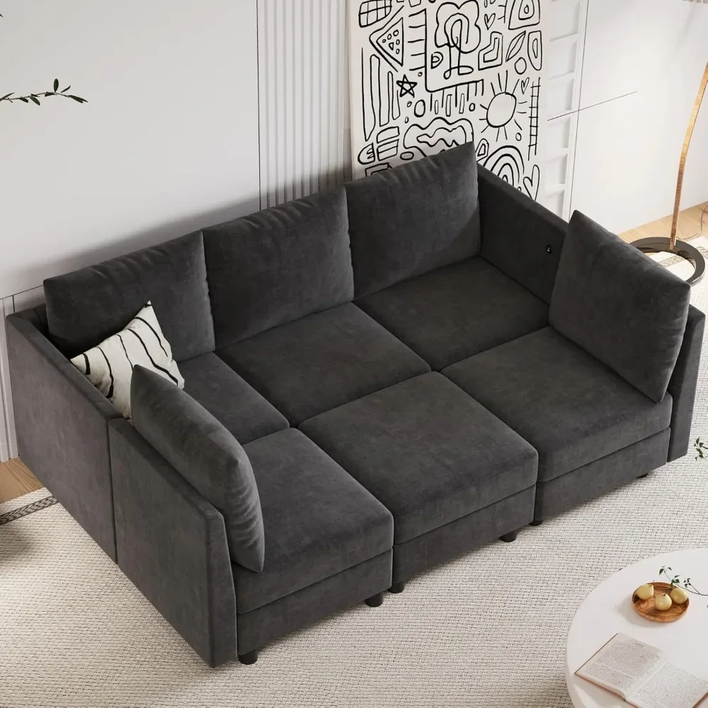 

Sleeper Sofa Modular Sectional , 6 Seats Sleeper Couch Storage Ottomans,Chenille Sofa Set USB Charging Ports, Comfy Bed Couches