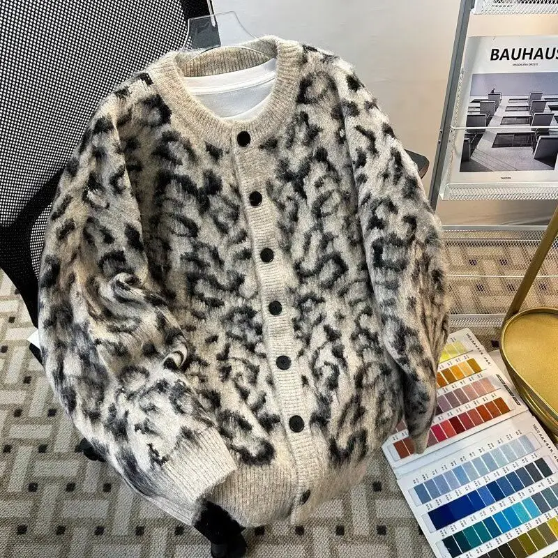 

Gagaok осенне-зимний вязаный кардиган в американском стиле ретро с леопардовым принтом, кардиганы, свитер, женская повседневная уличная куртка, одежда