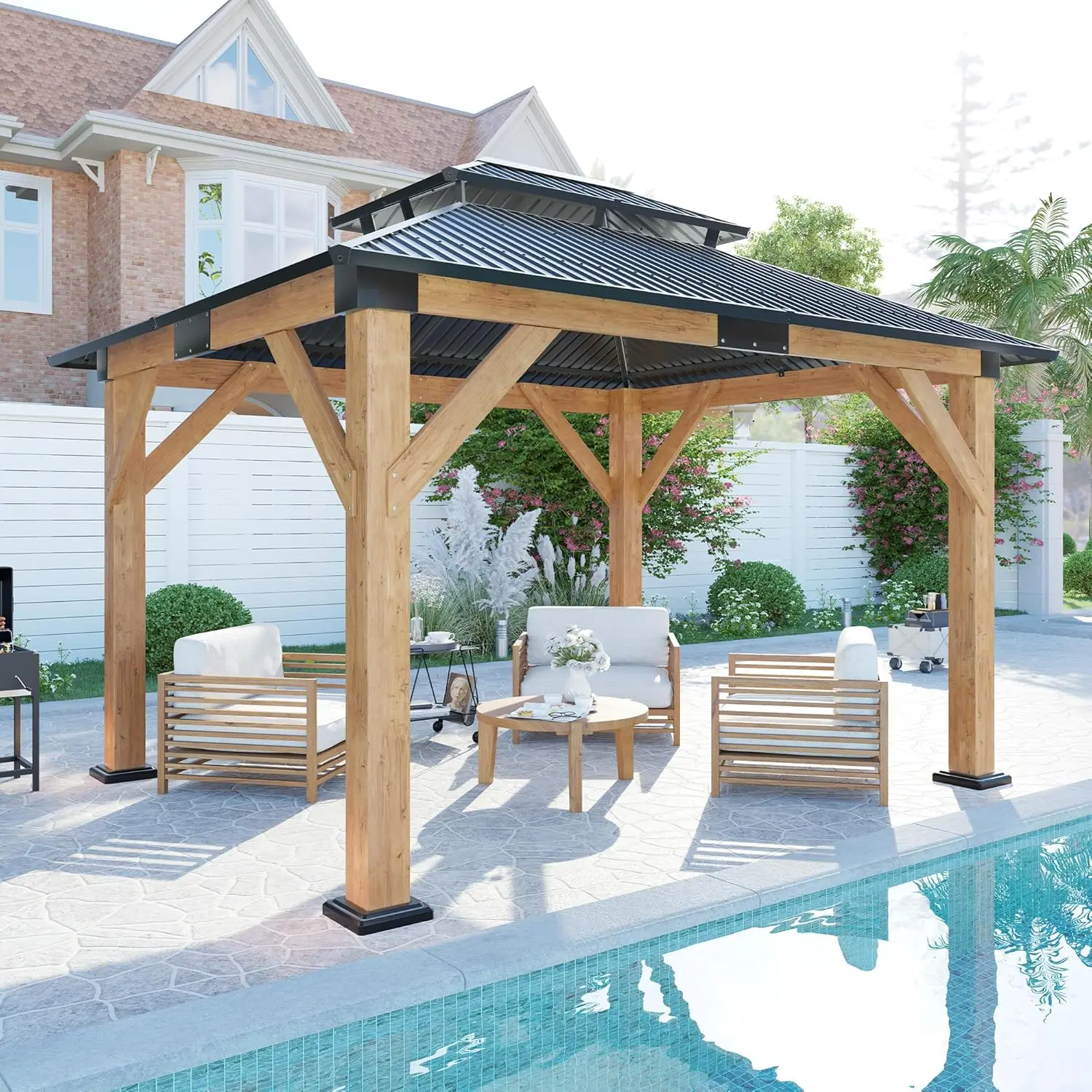 

10x12 Spruce Wood Gazebo, Hardtop Gazebo with Aluminum Double Roof, Outdoor Pergola with Wood Frame for Parties,, Custom