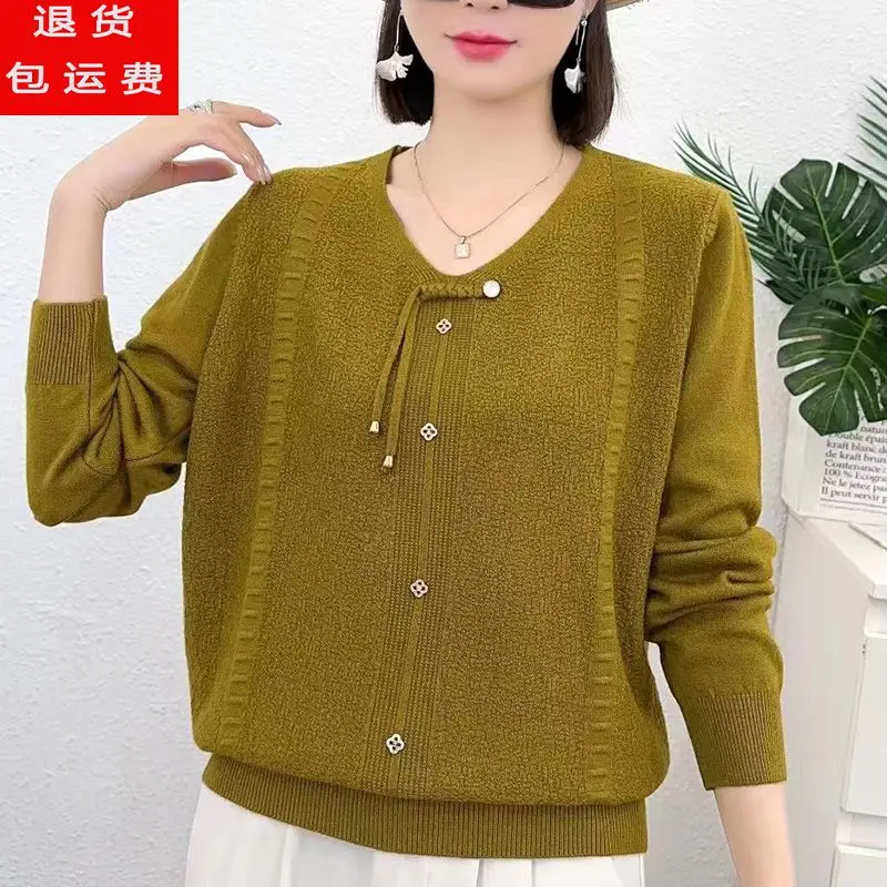 Bottoni con scollo a V impiombati di nuovo stile da donna autunnale Top con base allentata in maglione lavorato a maglia a maniche lunghe tinta unita alla moda