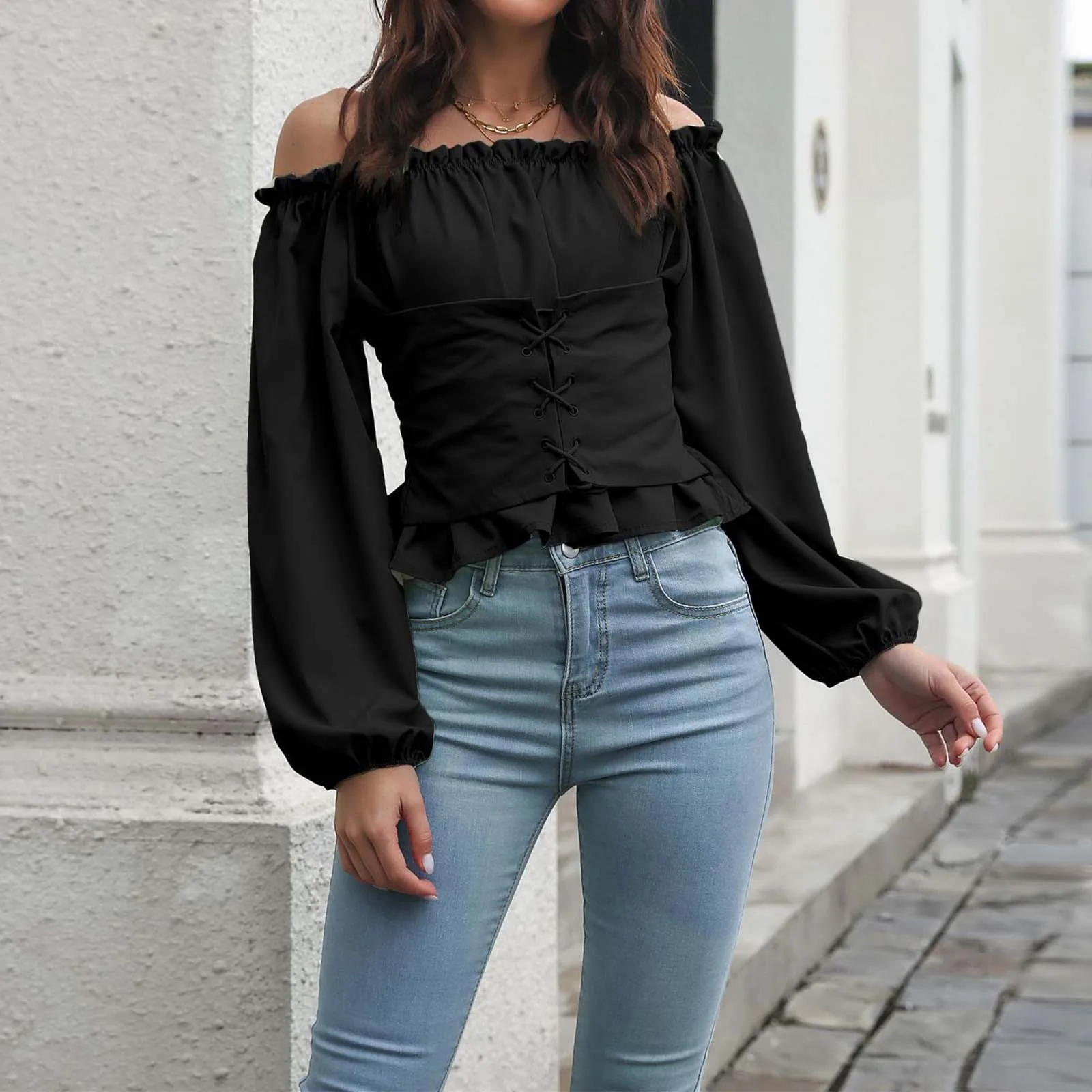 Solid Color Front Tie Off Shoulder Blouse Waisted Long Sleeve Short Chiffon Top Blouses Women Slim Fit Casual Ruffles Shirt