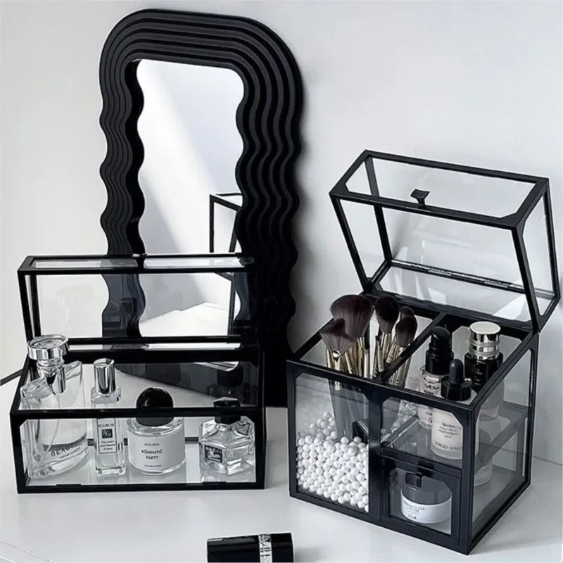 

Square Glass Cosmetic Storage Box Light Luxury Multi functional Storage Shelf Transparent Dustproof Desktop Storage Box