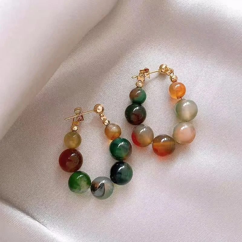 Romantic Colorful Circle Beads Ear Buckle For Women Sweet Cute Round Beads Hoop Earrings Ethnic Style Party Jewelry Gifts
