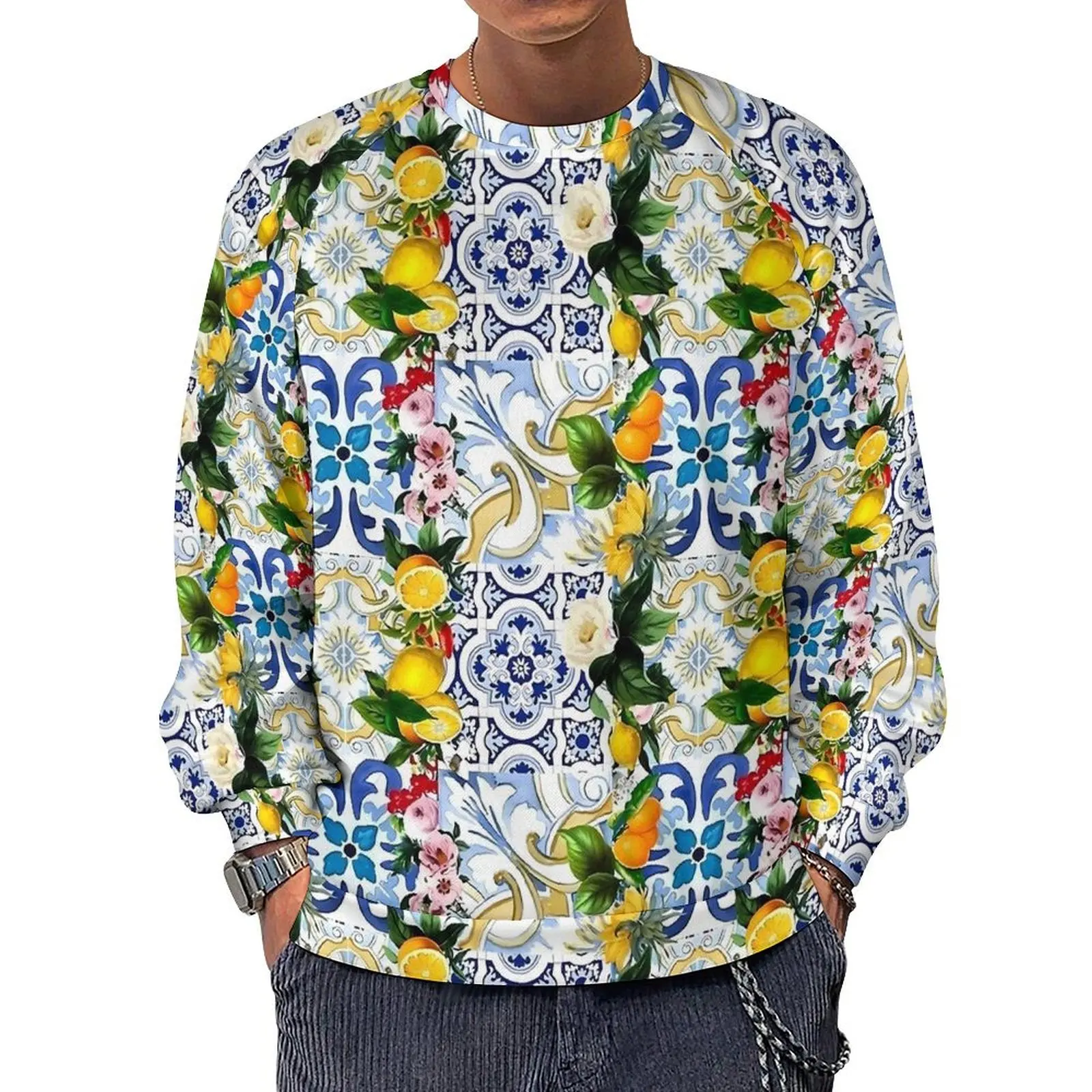 Sicilian Tiles Casual Sweatshirts Lemon Print Hip Hop O Neck Hoodies Winter Long Sleeve Outerwear Oversized Hoodie Birthday Gift