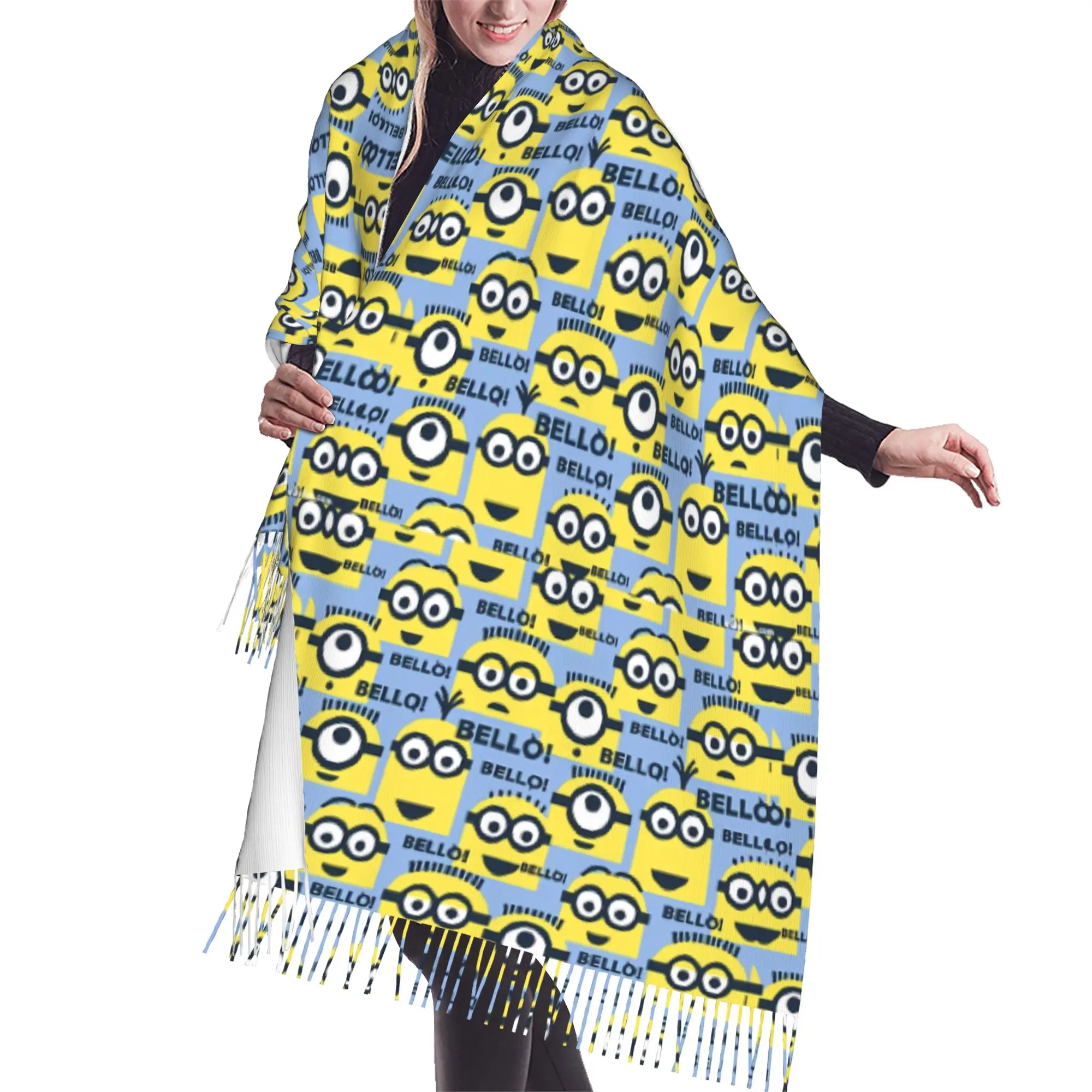 Custom M-Minioned Anime Scarf Wrap Women Long Winter Fall Warm Tassel Shawl Unisex Manga Cartoon Scarves