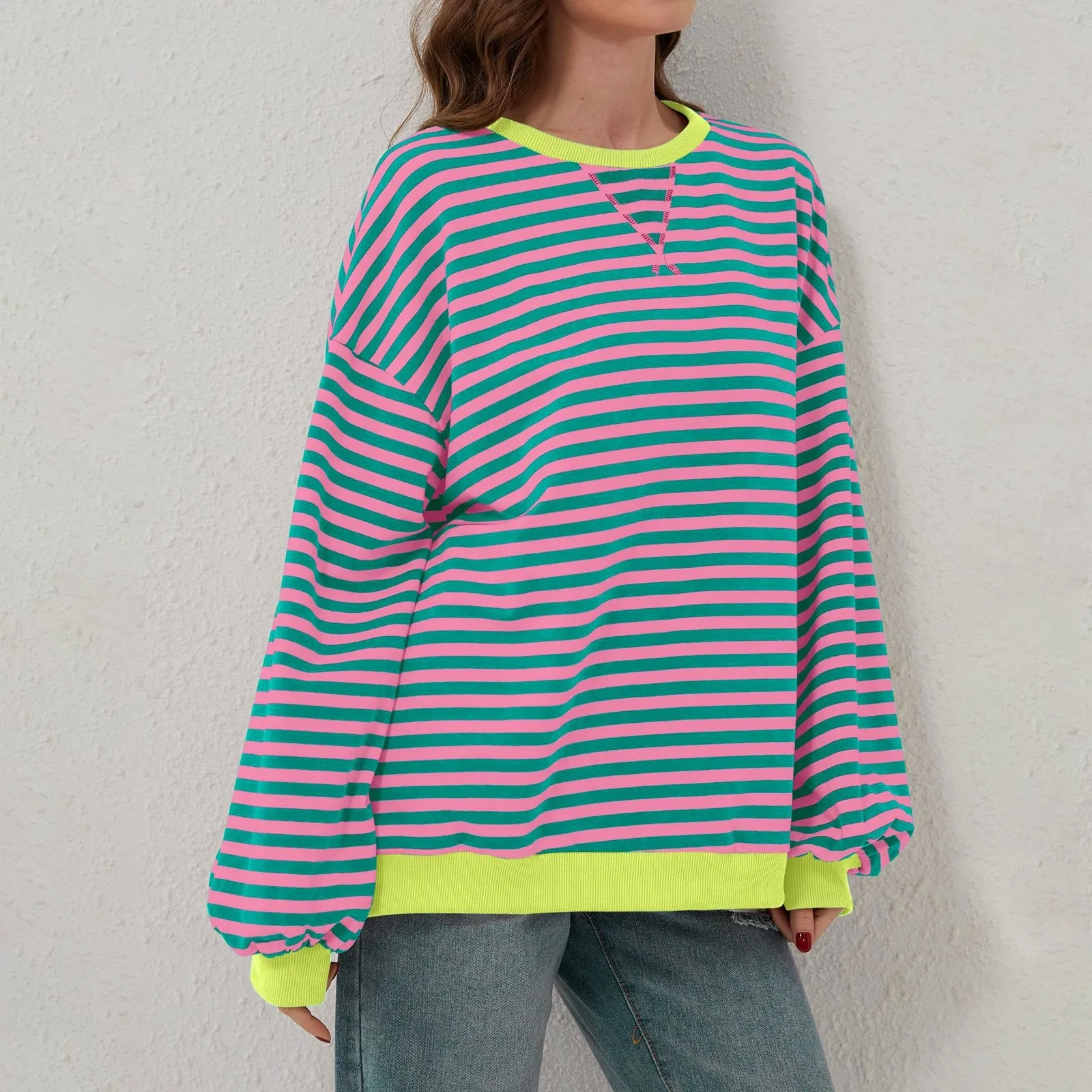 

Women's Casual New Striped Pattern Round Neck Trend Long Sleeved Pullover Color Matching T-shirt Soft Tops Women Tee