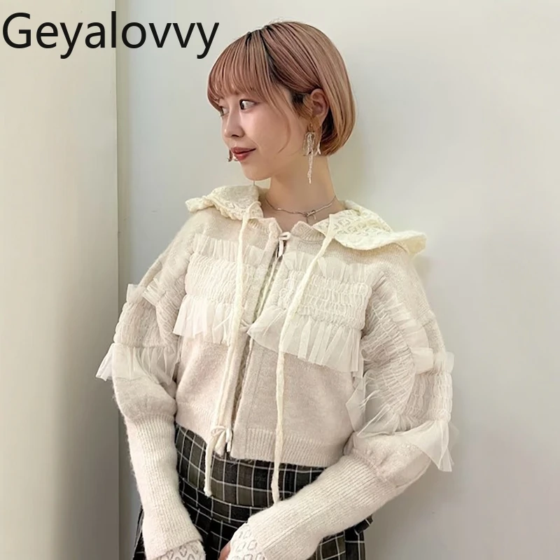 

Japanese Style Sweater Cardigans Bow Ribbon Decorated Pleated Short Knitted Cardigan Sweet Women's Sweaters Top Autumn Winter