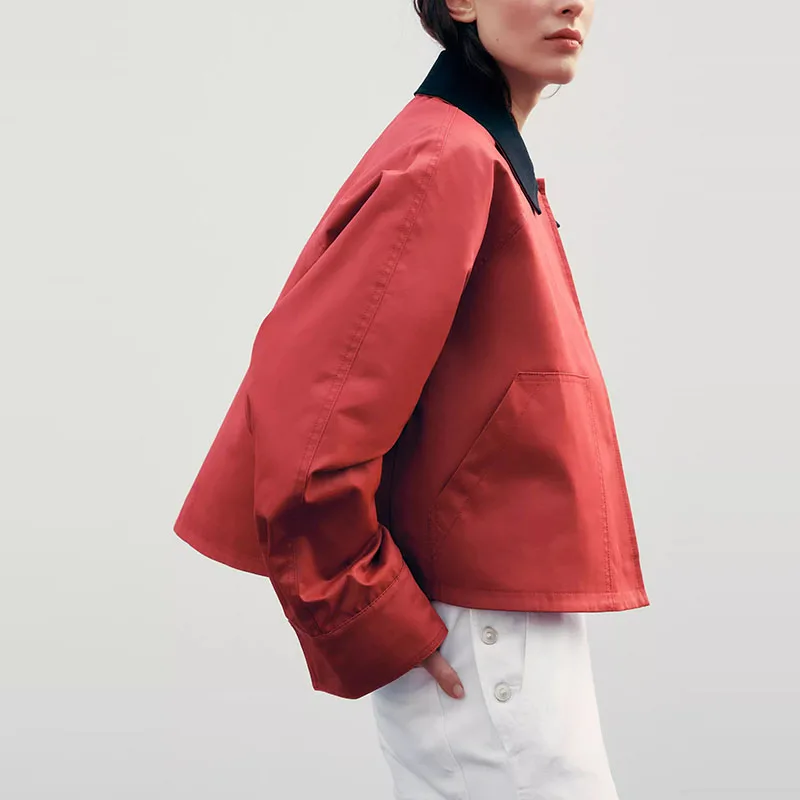 Spring 2025 Women's Sle Wax Leather Collar Jaet Patchwork Coat Street Faion Polyester Fiber 00% New Arrival