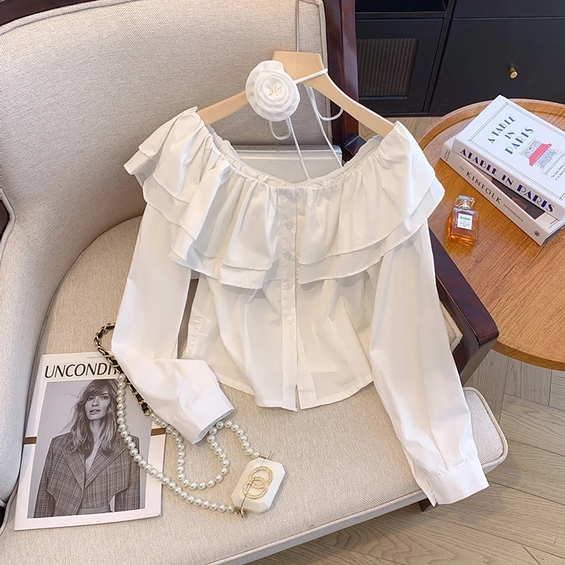 [Vibe] Nova bandagem feminina flor design enrugado borda chiffon camisa 2025 primavera moda mangas compridas blusa feminina