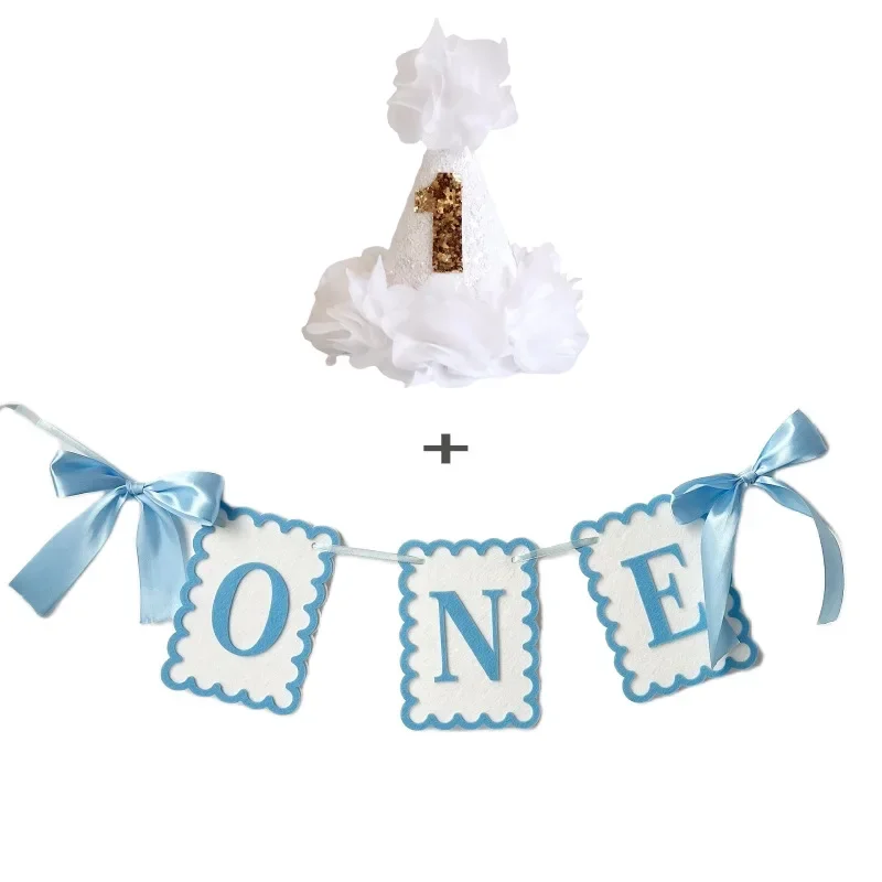 INS Style Bow ONE Non Woven Felt Banner Hat 1st Birthday Chair Garland Photo Props for Kids Birthday Baby Shower Party Decor