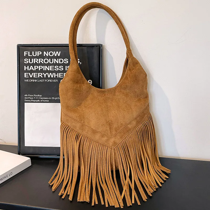 Fashion Trending New in Women Shoulder Bags Luxury Designer Totes Handbags For Women 2024 Tassel Female Purses Suede Bucket Bag