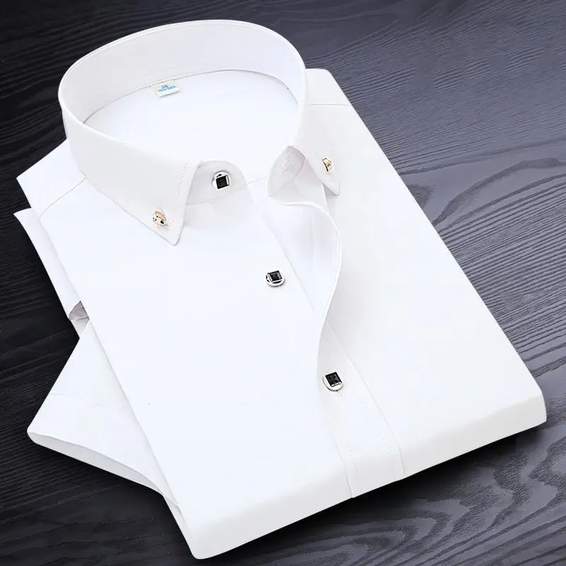 Plus Size Men Dress Shirts Short Sleeve Slim Fit Solid Business Formal White Shirt Male M~5XL Men\'s French Cuff Shirt Summer