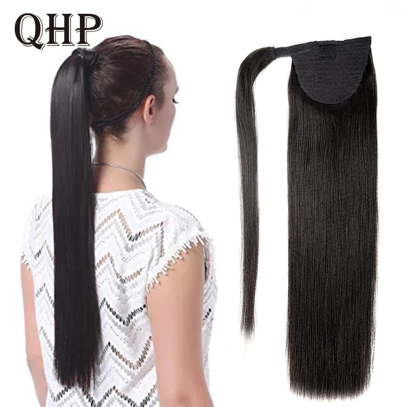 

QHP Ponytail Human Hair Straight Brazilian Remy Ponytail Hairstyles 100% Natural Hair Clip in Extensions Wrap Around Horsetail