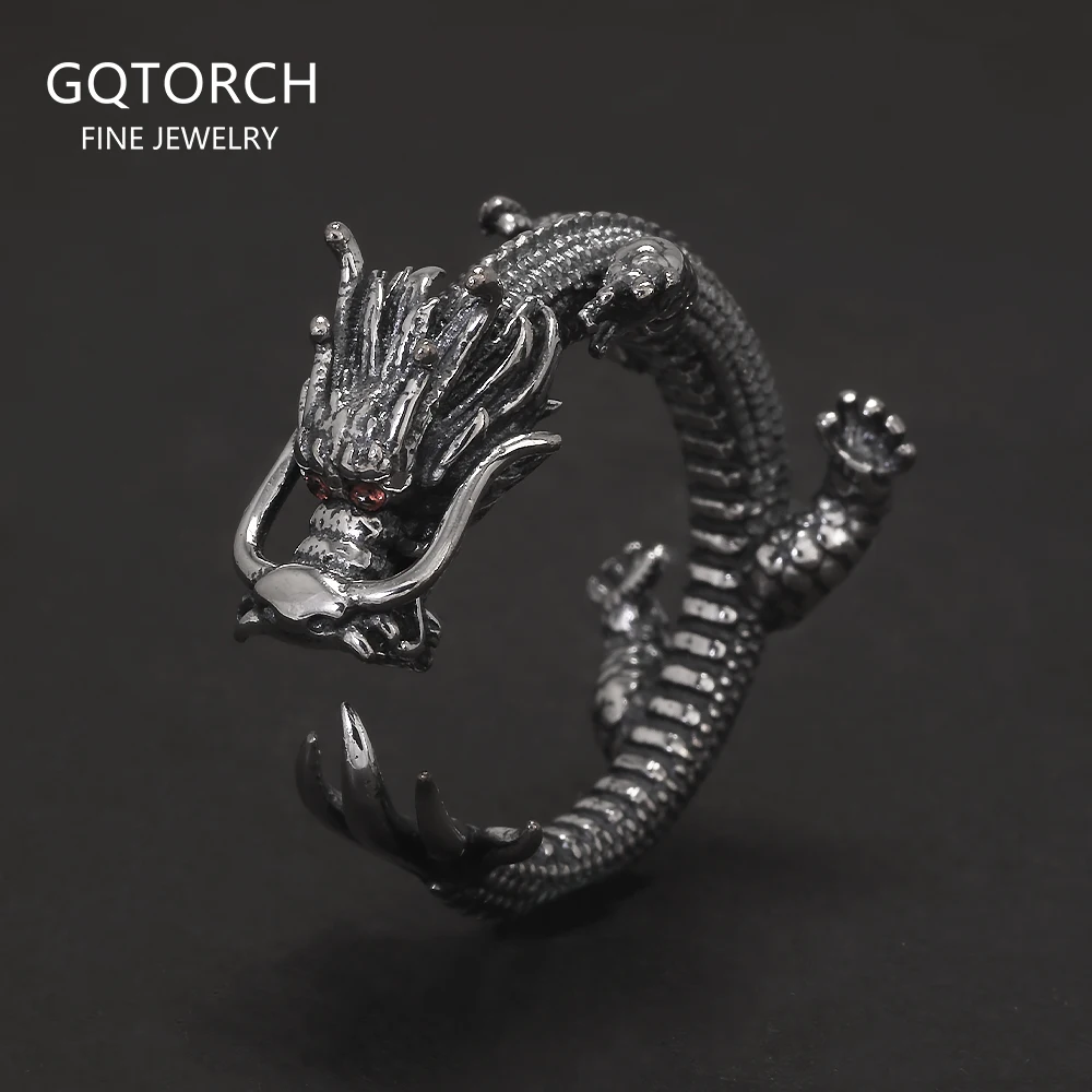 

Genuine 925 Sterling Silver Punk Dragon Open Ring for Men Adjustable Retro Vintage Thai Silver Fashion Gothic Animal Jewelry