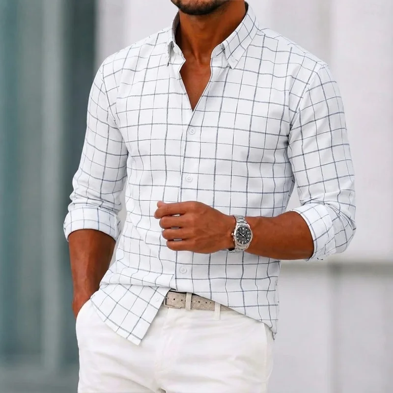 Men's Shirt White and Blue Checkered Long Sleeved Shirt Trendy Checkered Shirt Business Casual Versatile Men's Clothing