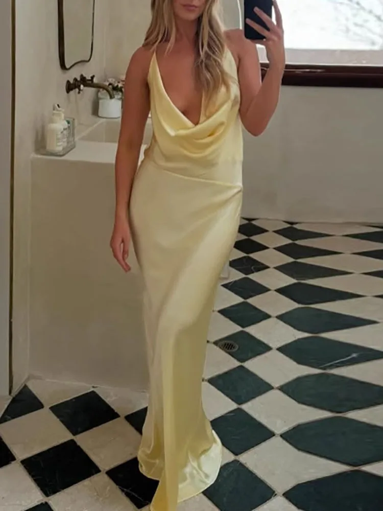 New Minimalist Solid Color Backless Slim Evening Dress Women V-neck Satin Bridesmaid Dress Elegant Sleeveless Sling Long Dresses