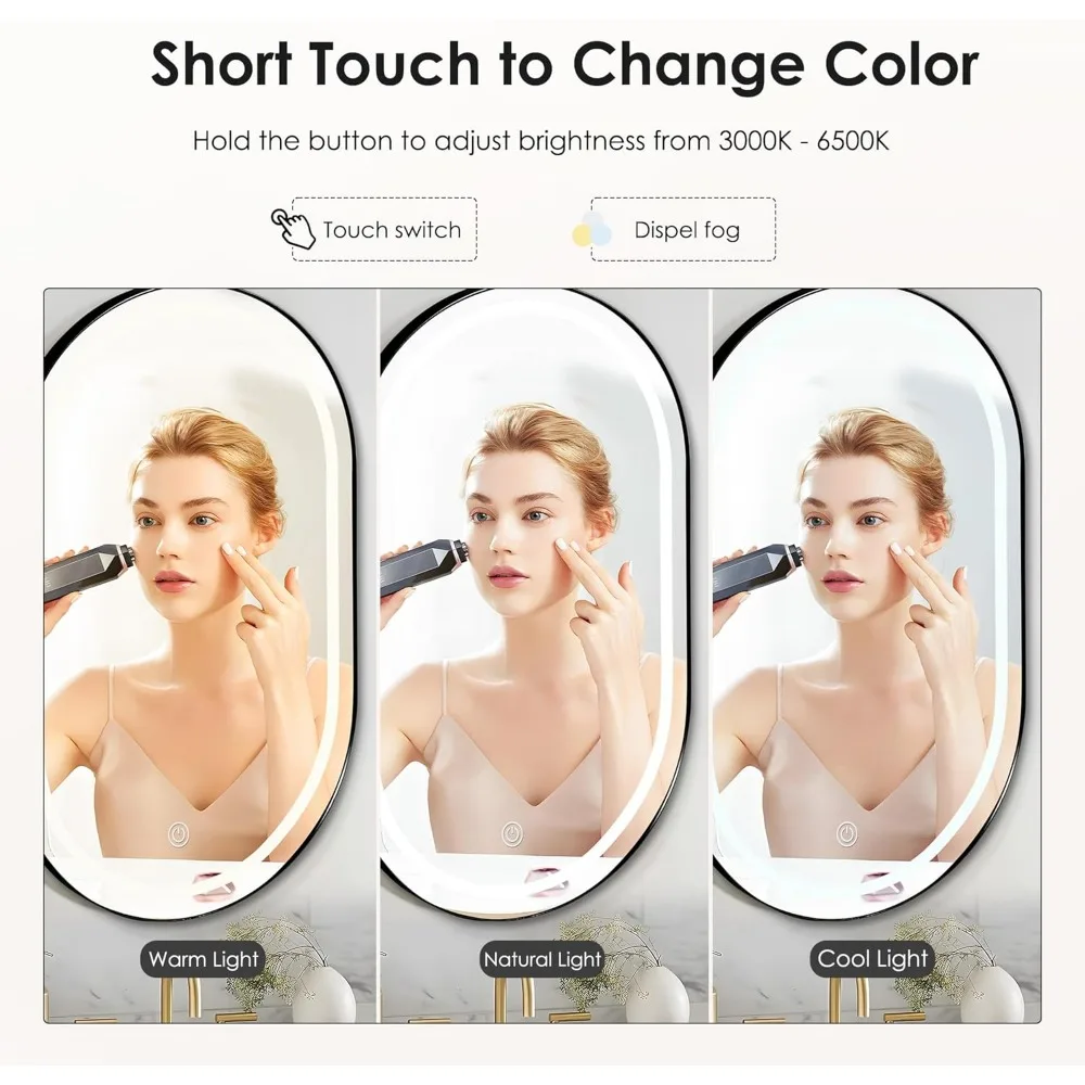 خزانة طبية بيضاوية مضيئة بإضاءة LED مقاس 34 × 20 مع مرآة مشطوفة للحمام