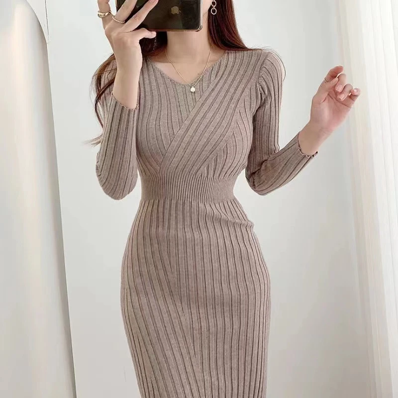 

Elegant Knitted Midi Dress Women Fashion Black Hip Wrap Sweater Dresses Fall Winter Korean V Neck Long Sleeve Bodycon Vestidos