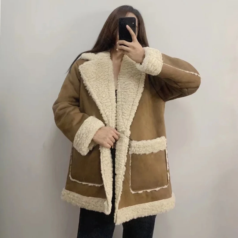 Women Warm Faux Fur Fleece Coat Jacket 2023 Autumn Winter Ladies Lamb Wool Thickened Locomotive Lapel Female Chic Outwear