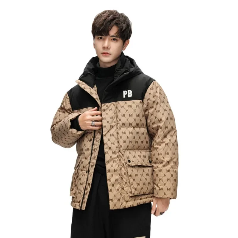 Winter Men's hooded Down Coat Thickened White Duck Down Warmth Printed Trendy Casual Fashion Windproof Men's Jacket