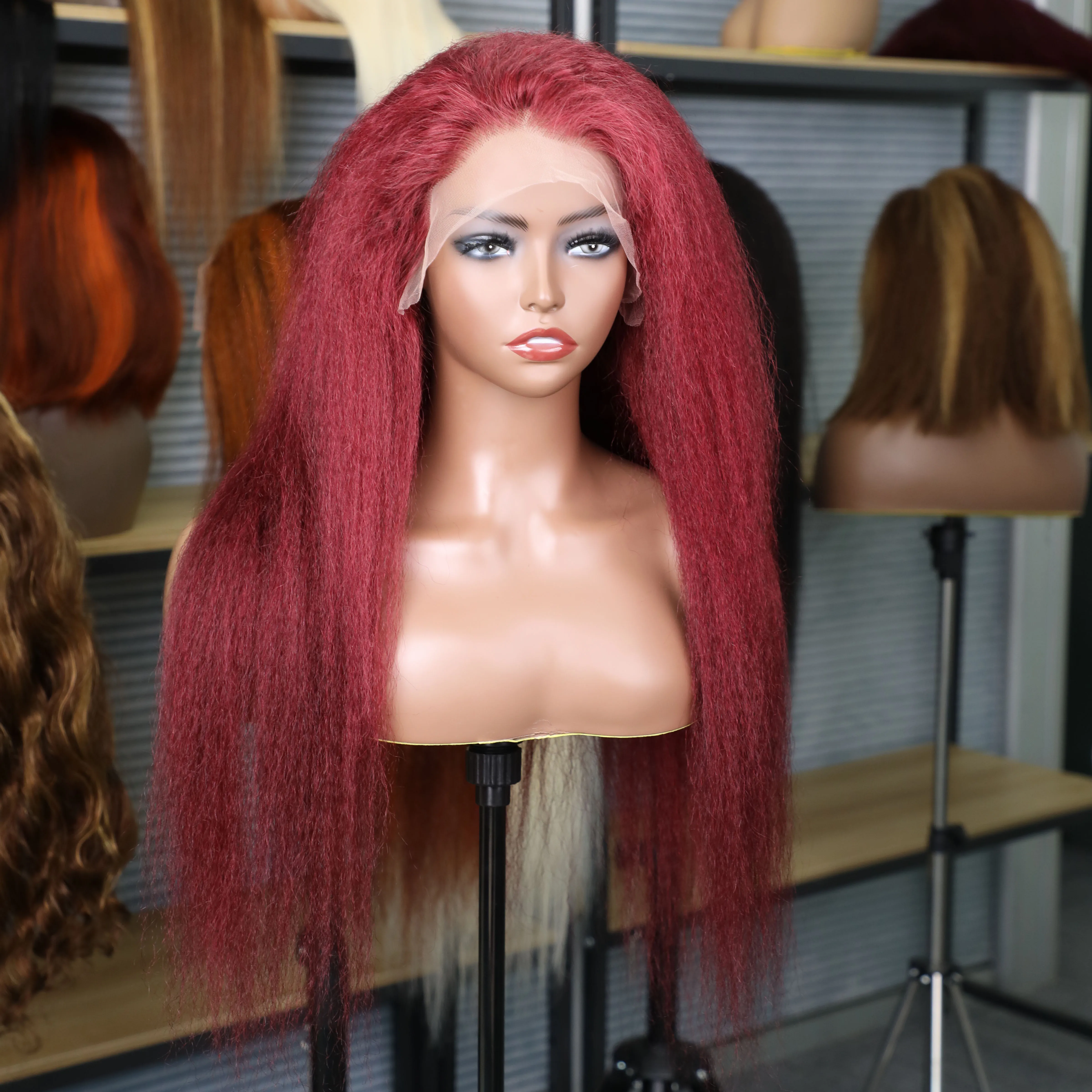 Kinky ตรง 99J Burgundy 13x6 HD ลูกไม้ด้านหน้าผมมนุษย์ Wigs บราซิล Remy Yaki ตรงโปร่งใสลูกไม้ด้านหน้าวิกผมสี