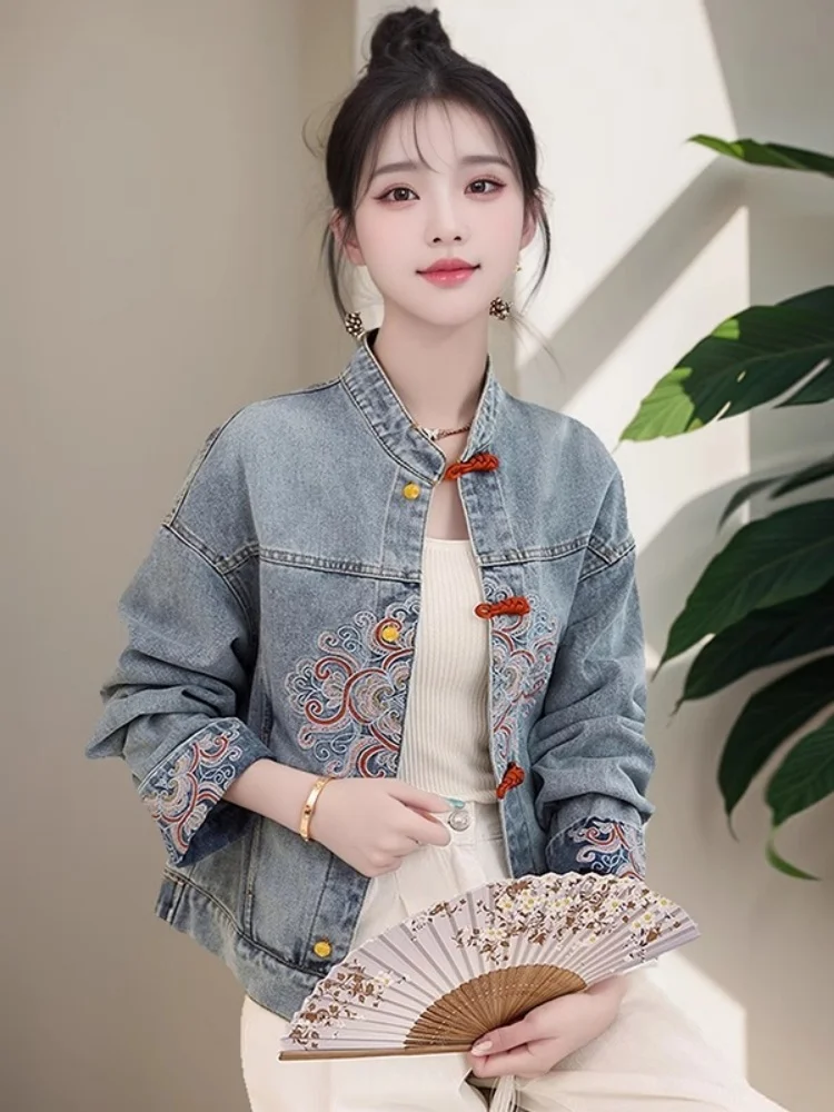 جديد الصينية Sle المطرزة الدنيم Jaet المرأة ربيع الخريف أعلى أزرار كيتس مستقيم قطع ort معطف لا