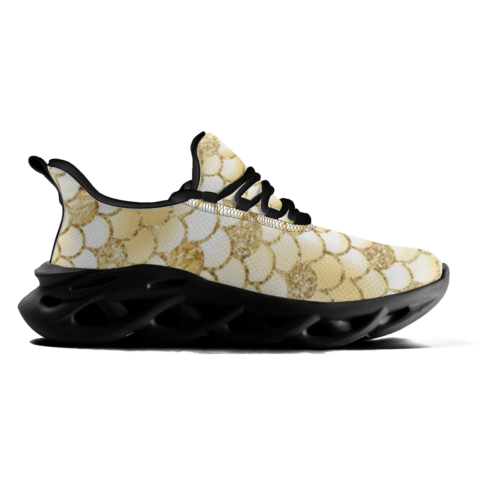 Buty sportowe z nadrukiem łusek złotych ryb dla kobiet i mężczyzn, lekkie buty do chodzenia i biegania, sznurowane siateczką.