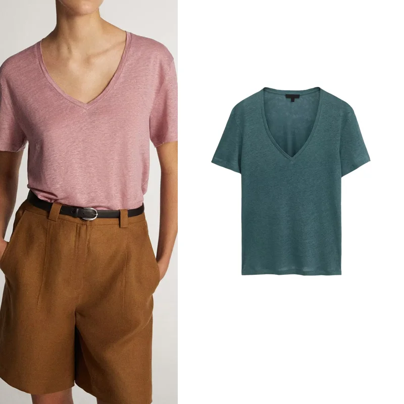 Casual V-neck Mixed Fiber Loose Fit Commute Ready T-shirt New Arrival MD Women's Fashion Summer Thin Short Sleeve Top