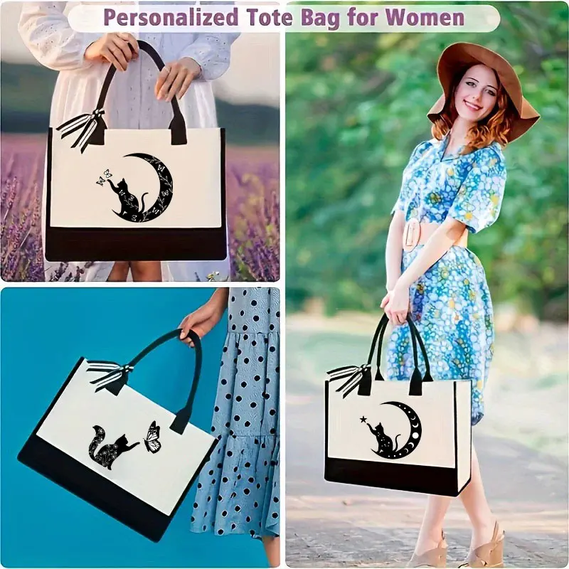 Small black cat pattern handbag under the moon, fashionable canvas handbag, portable shopping bag beach bag, large capacity