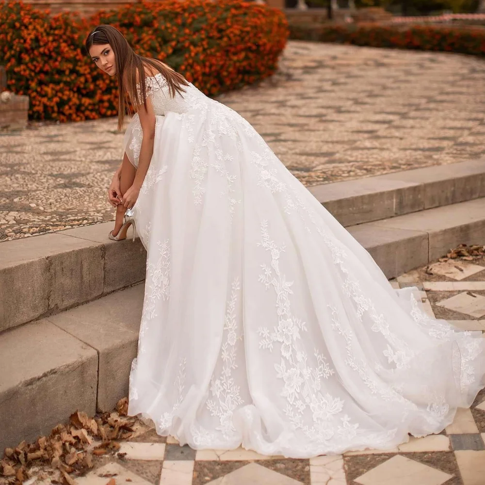 Suknie ślubne w stylu boho z aplikacjami, sznurowane, luksusowe suknie ślubne z odkrytymi ramionami, dekolt w serek, vestido de novia