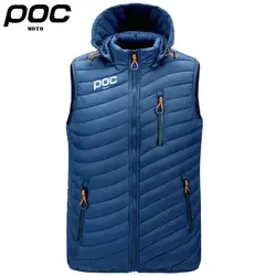 2023 Men Sleeveless Down Vests Solid Hooded Vest Moto POC Cycling Jackets Male Winter Casual Pockets Waistcoat Windproof Jacket