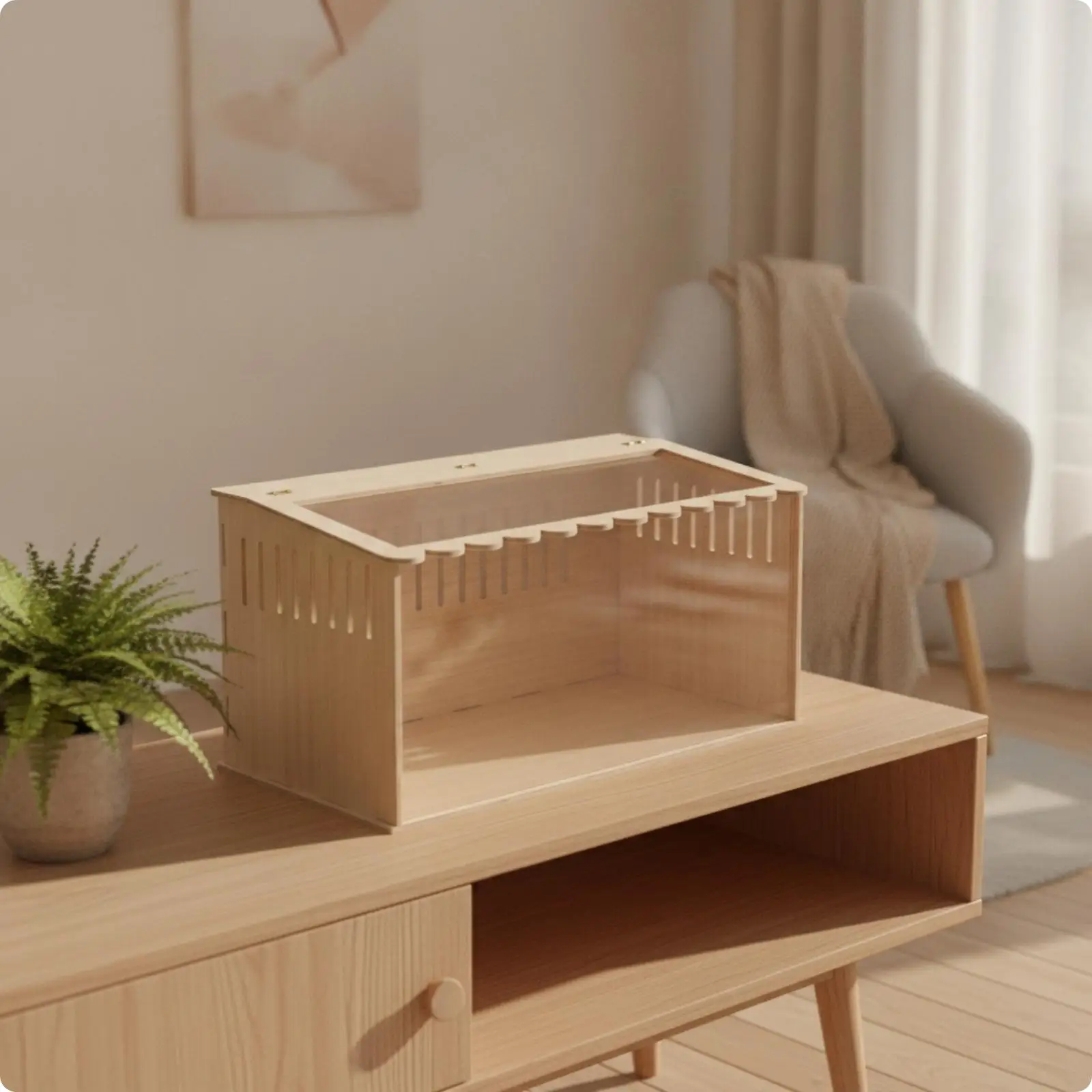 Small Animal Cage Wood Material with Hinged Top and Transparent Panel for Hamster Wooden House Pet Home