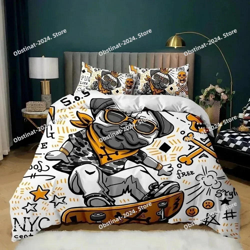 Cartoon Skateboard Duvet Cover Set Cartoon Wolf Kids Hip Hop Skateboard Sport Queen King Cute Wild Animal Polyester Quilt Cover