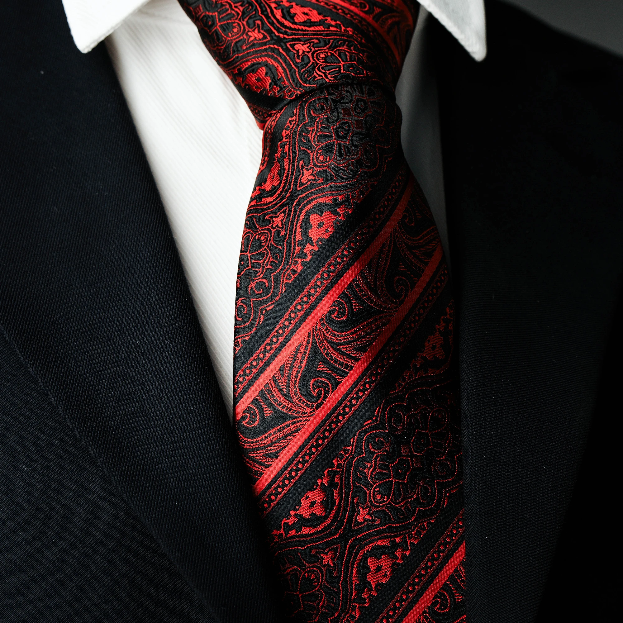 Herren-Krawatte mit 8cm Breite, Cashew-Blumenmuster, Klassische Seidenkrawatte, Gewebtes Paisley-Jacquard-Muster, Formelle Krawatte für Hochzeit, Party und Business – Detail 9