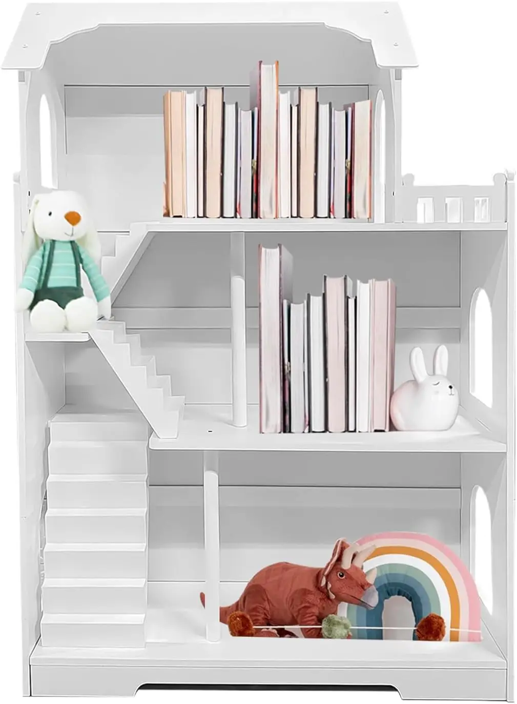 

Wooden Dollhouse Bookshelf, 3-Tier Kids Dollhouse Bookcase for Books & Toys Storage Organizer Shelves, Large Doll House for Kids