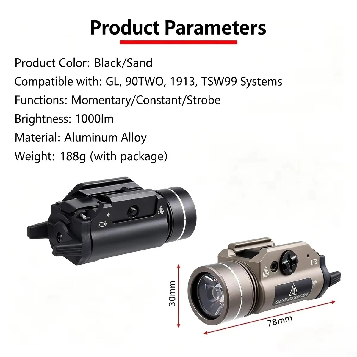 Taktische 1000-Lumen-LED-Taschenlampe 1 7 7X 8 Scout für Glock 17 19 1911, für Taurus G2c G3C, passend für 20-mm-Schiene – Detail 6