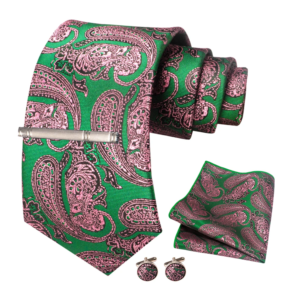 JEMYGINS Herren-Krawatte, grün, gestreift, Paisley-Krawatte für Hochzeiten, für Herren, Krawatte, Einstecktuch, Manschettenknöpfe, Set, Party, Business, Modedesigner – Detail 17